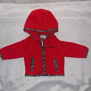 Columbia Infant Fleece Jacket With Trim Bright Red 6 Mo Hood Full Zip Outdoor